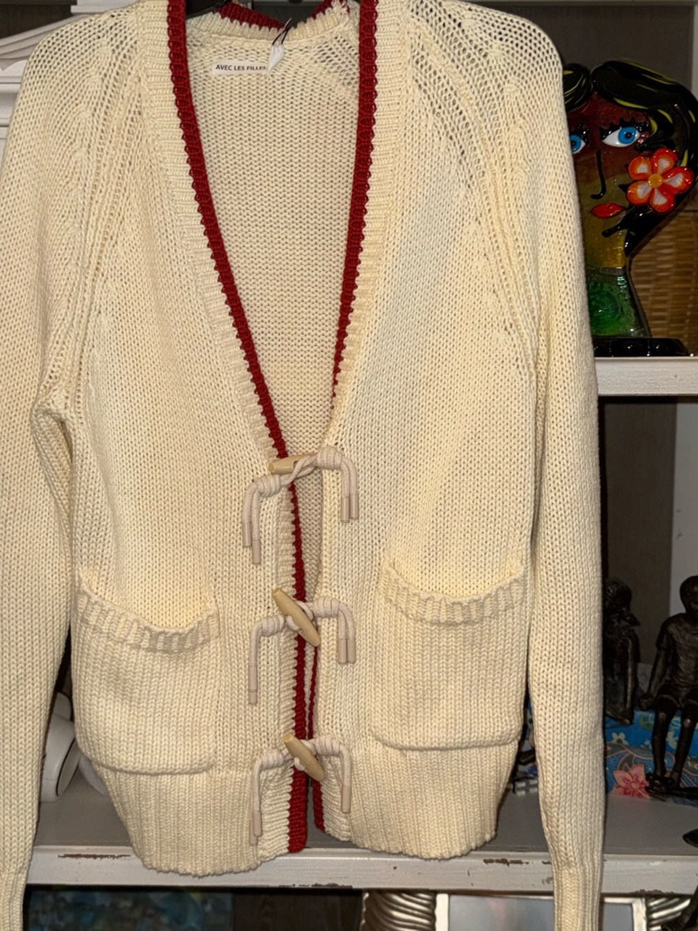 Avec Les Filles Xs cardigan sweater cardigan red trim toggle buttons plain back - Picture 4 of 6